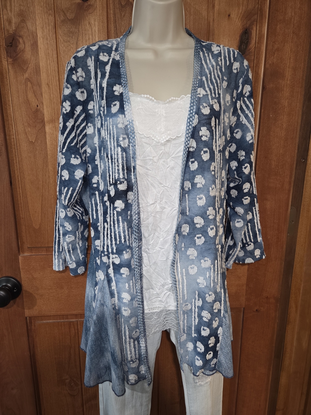 Blue Patterned Open-Front Women's Cardigan Sweater